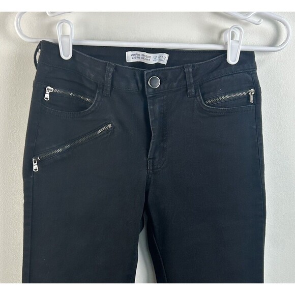 ZARA BASIC Women's Biker Moto Skinny Stretch Jeans Zip Pockets Black Denim Sz 4 - Picture 2 of 6